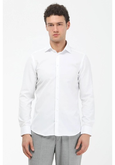 Kip Erkek Düz Slim Fit Dokuma Klasik Pamuk Karışımlı Gömlek Gm-4915 Beyaz Beyaz