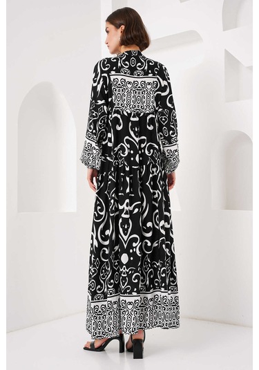Gabria Ön Düğmeli Desenli Viskon Elbise Siyah - Ekru