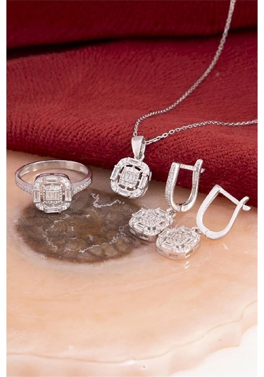 925 Ayar Gümüş Rodyumlu Zirkon Süslemeli Baget Bayan Takı Seti -8239 Gümüş