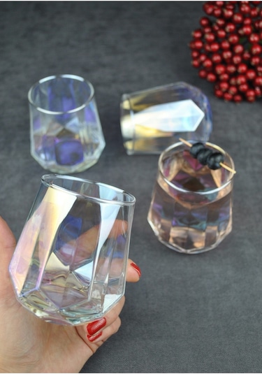 4'lü Hologramlı Cam Bardak Meşrubat Su Bardağı 330 Ml - Dıamond Renkli