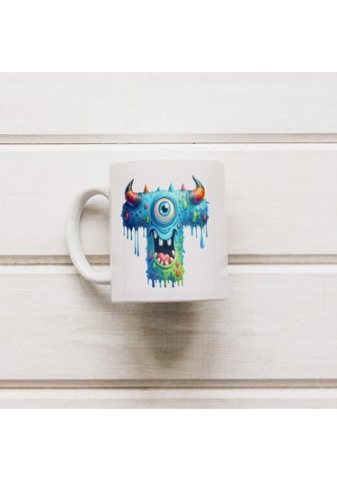 T Harfi Bardak, Sevimli Canavarlar Harflı Bardak Hediyesi Porselen Beyaz