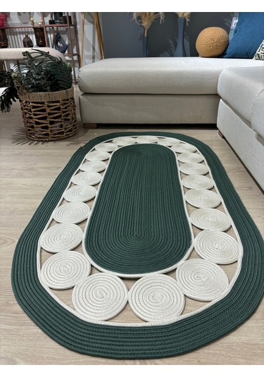 Cookie Jüt Hasırlı El Örgüsü Kilim Krem - Yeşil