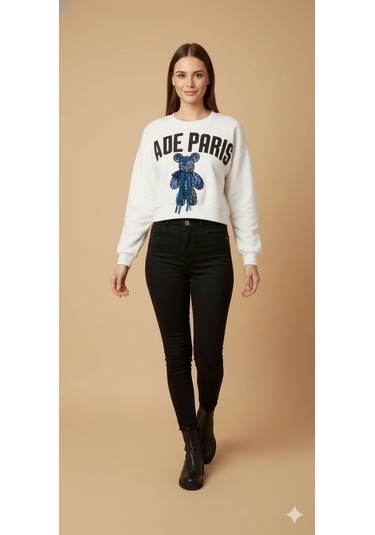 Kadın Ayı Figürlü Crop Sweat Payetli Teddy Bear İpli Detaylı Yazılı Yuvarlak Yaka Kısa Swat Ekru