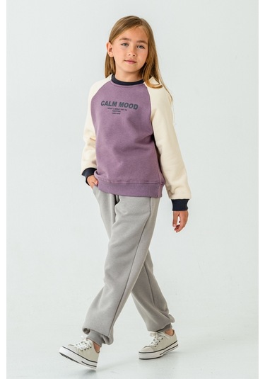 Kız Çocuk Calm Mood Baskılı 3 İplik Kalın Kışlık Eşofman Takımı Ak4209 Lila
