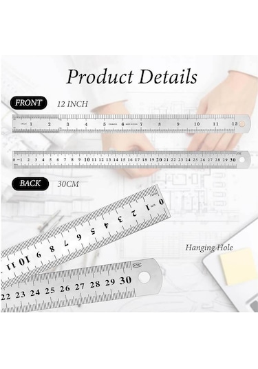 30cm 12 İnch - Çift Taraflı Paslanmaz Çelik Metal Cetvel - Kalınlık 1mm