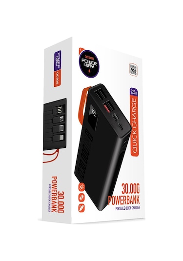 Powerway 30.000 Mah Pd 22.5w Dahili Kablolu Hızlı Şarj Fener Gerçek 30.000 Mah Qc30s Siyah Powerbank