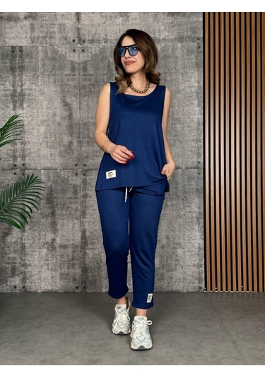 Supplierby Kadın Askılı Yuvarlak Yaka Viskon Iki Iplik Bluz Ve Eşofman Altı Ikili Takım Lacivert