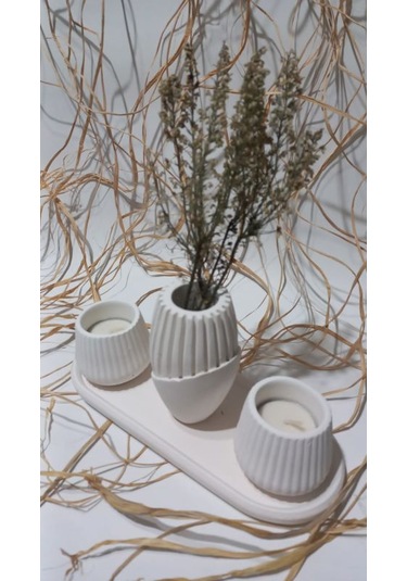 İskandinav Vazolu Tabaklı Tealight Mumluk Set Beyaz Beyaz