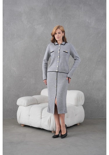 Kadın Polo Yaka Düğme Detay Ceket Uzun Etek İkili Triko Takım Gri
