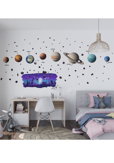 Uzay Temalı Çocuk Odası Duvar Sticker Seti Astronot, Gezegenler & Asteroit 01
