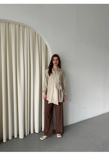Natural %100 Pamuk Çapraz Düğmeli Beli Kemerli Gömlek Natürel