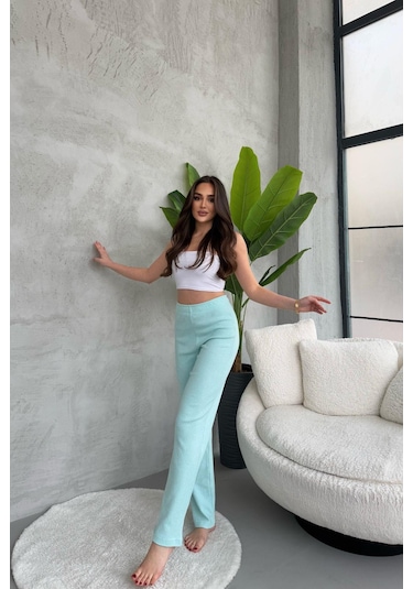 Kadın Su Yeşili Yüksek Bel Fitilli Bol Paça Günlük İnce Eşofman Altı Su Yeşili