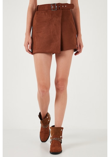 Lela Kışlık Regular Fit Asimetrik Kesim Fermuarlı Bayan Şort Etek 5865973 Taba
