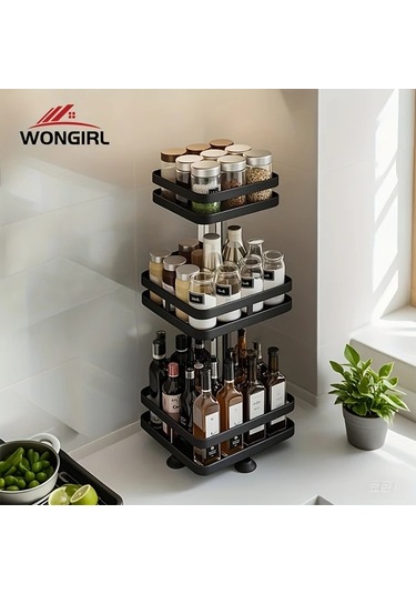 Honeybeeshop Wongırl Kare Üç Katmanlı 360 Derece Dönebilen Paslanmaz Çelik Mutfak Organizatörü Baharat Rafı 1100 Koyu Ceviz