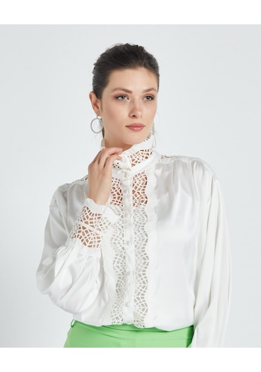 Şık Kadın Gömlek - Transparan Detaylı - Modern Ve Şık Tasarım- Özel Gün Ve Davetler İçin Gömlek Ekru