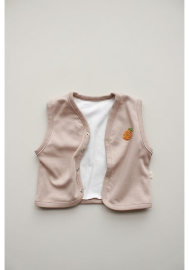 Ananas Nakışlı Çift Taraflı Yelek Vizon