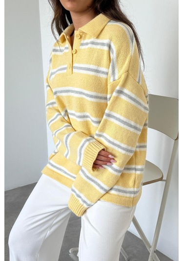 Sarı Polo Yaka Çizgili Kadın Triko Kazak Mg2469 Sarı