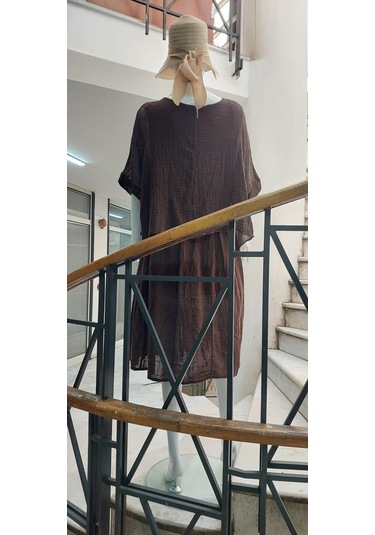 İtalyan Müslin Keteni Üstü File Bluzlu Astarlı Tek Parça Elbise Kahve Rengi Kahverengi