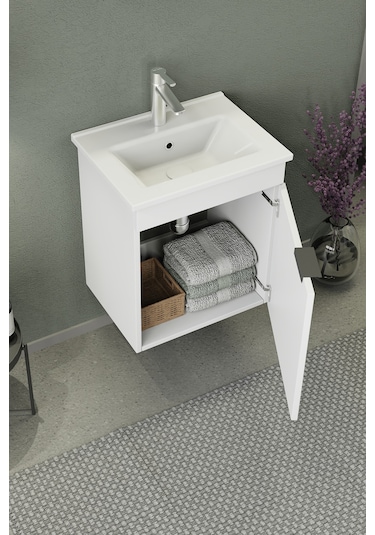 Biani Fix Arya Slım 50 Cm Banyo Dolabı,Seramik Lavabolu, Aynalı,Lavabo Dahil,Mdf,Mat Beyaz