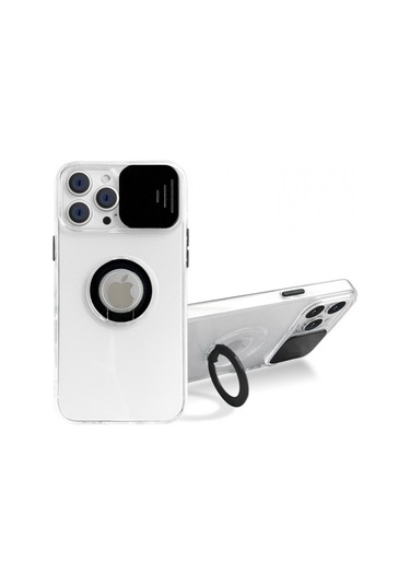 More Tr Ally İphone 12 Pro Max Kılıf Sürgülü Kamera Lens Korumalı Yüzük Standlı Silikon Kılıf Siyah