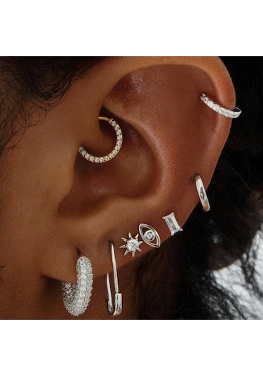 Çelik Taşlı Minik Halka Küpe Silver Renkli Gri