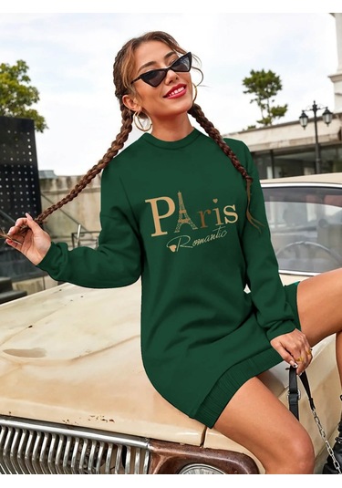 Stilaura Kadın Uzun Kollu Bisiklet Yaka Yazılı Kısa Viskon Iki Iplik Elbise Yeşil