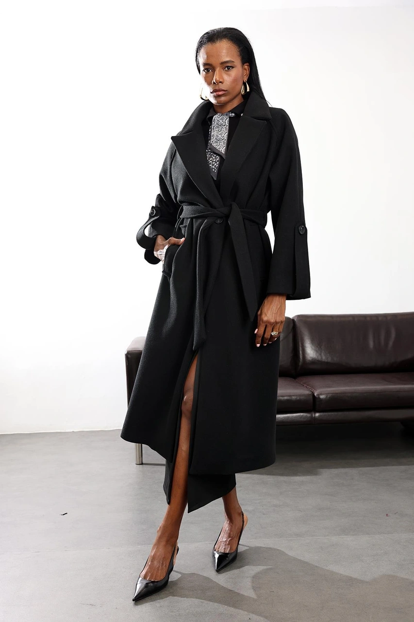 Siyah Kuşaklı Kaşe Palto 1146 Siyah