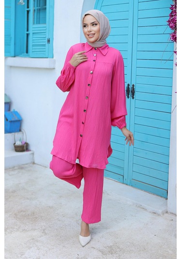 Büzgü Detaylı Tesettür Fuşya Takım Fuşya