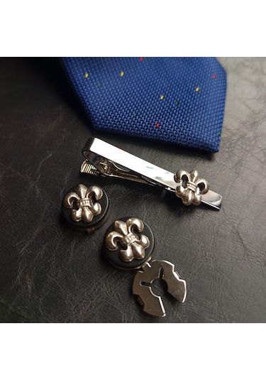 Fleur De Lis Figürlü Geçmeli Kol Düğmesi Ve Kravat İğnesi Seti Gümüş