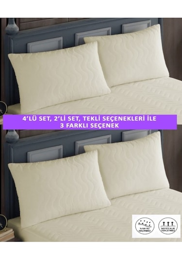 2 Adet %100 Pamuk Kapitone Fermuarlı Sıvı Geçirmez Renkli Yastık Alezi Yastık Koruyucu Bej