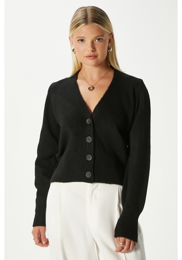 Kadın Bold Yumuşak Doku V Yaka Siyah Triko Hırka 70148 Siyah