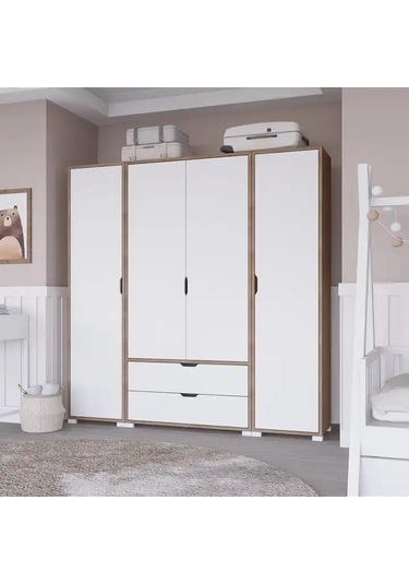 Nisan Açık Ceviz-beyaz 4 Kapılı 2 Çekmeceli Elbise Dolabı - Gardırop Seti Açık Ceviz & Beyaz