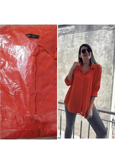 Bürümcük Kumas Oversize Gömlek Turuncu