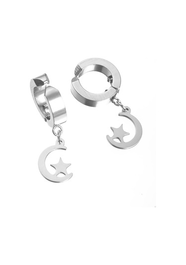 Sıkıştırmalı Erkek Küpe Çelik Sallantılı Ay Yıldız Takı P24 T5 N11.1119