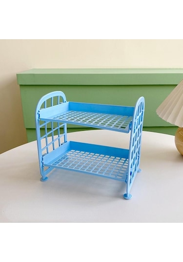 Mavi Kawaii Çift Katmanlı Depolama Rafı Masaüstü Katlanır Makyaj Kutusu Raf Raf Kozmetik Depolama Bitirme Yurdu Banyo Mavi