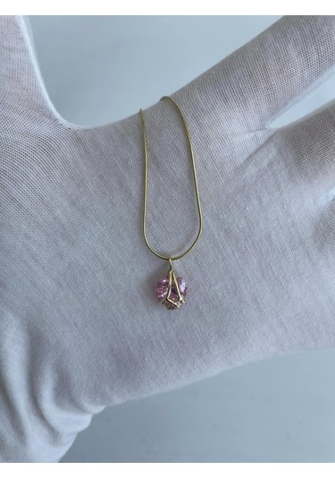 Pembe Kuvars Taşlı Sarı Gümüş Kolye Çok Renkli