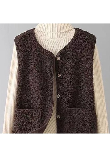 Kadın Güz Kış Yelek Ceket Düz Renk V Boyun Kolsuz Düğme Kapatma V Boyun Yumuşak Sıcak Cepler Hırka Bayan Yelek Haki