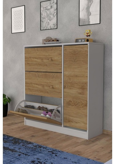 Milano 3 Kapaklı Kayar Raflı Dolaplı Ayakkabılık Meşe Çam