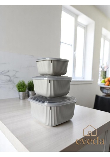 Eveda Snaplid Line Kare Üçlü Set Bej-2 Bej