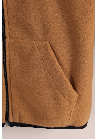 Monox Lastik Manşetli Fermuarlı Kapüşonlu Çocuk Unisex Polar Ceket Camel