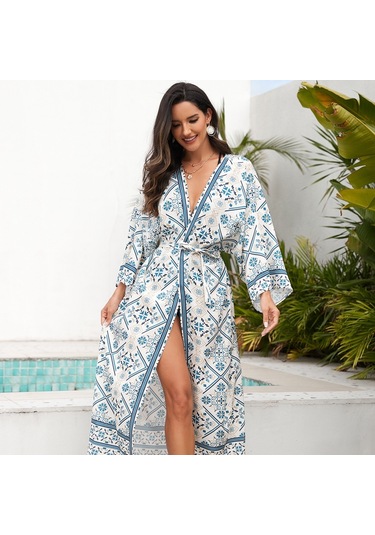 Kadınlar Plaj Tatili Baskılı Şal Bikini Güneş Korumalı Pareo Mavi