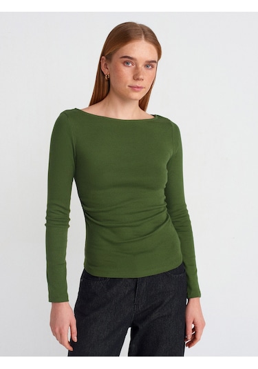 Dilvin 31401 Büzgülü Kayık Yaka Top-koyu Haki Koyu Haki