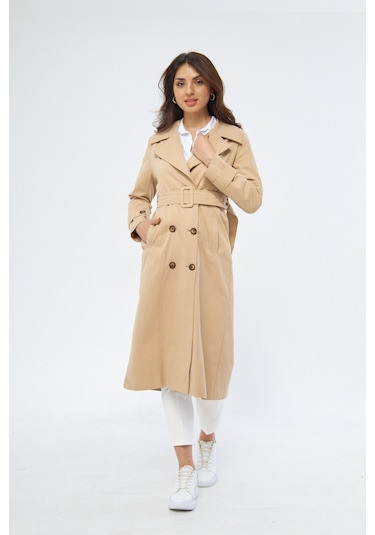%100 Pamuk Ekstra Uzun 120cm Kruvaze Kadın Trençkot 1121 Açık Bej
