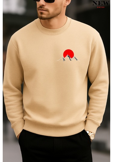 Kırmızı Dağ Baskılı Bisiklet Yaka Sweatshirt Taş Rengi