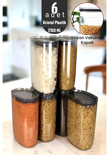 İronika Jumbo Boy 2100 Ml Gerçek Vakumlu Silikon Kapaklı Kristal Erzak Bakliyat Saklama Kabı Seti Baharatlık 6 Adet Antrasit