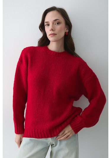 Kırmızı Uzun Kollu Relax Kazak - 251091 Kırmızı