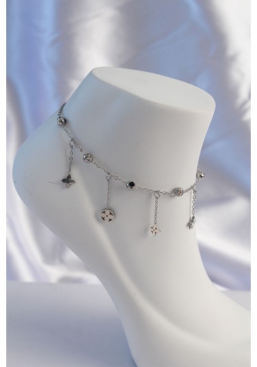 316l Çelik Gümüş Renk Zirkon Taşlı Sallantılı Yonca Model Halhal - Tj-hh1635 Çok Renkli