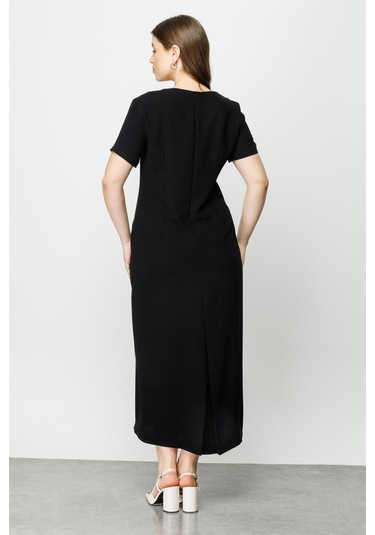 Moda İlgi Kadın Büyük Beden Kısa Kollu Uzun Elbise 8002 Siyah Siyah