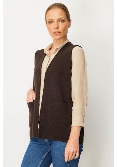 Desen Triko Kadın V Yaka Çelik Örgü Yün Anne Yelek 25044 Koyu Kahve Koyu Kahve