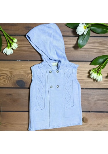 Kapüşonlu Çift Düğme Detaylı Triko Yelek Mavi